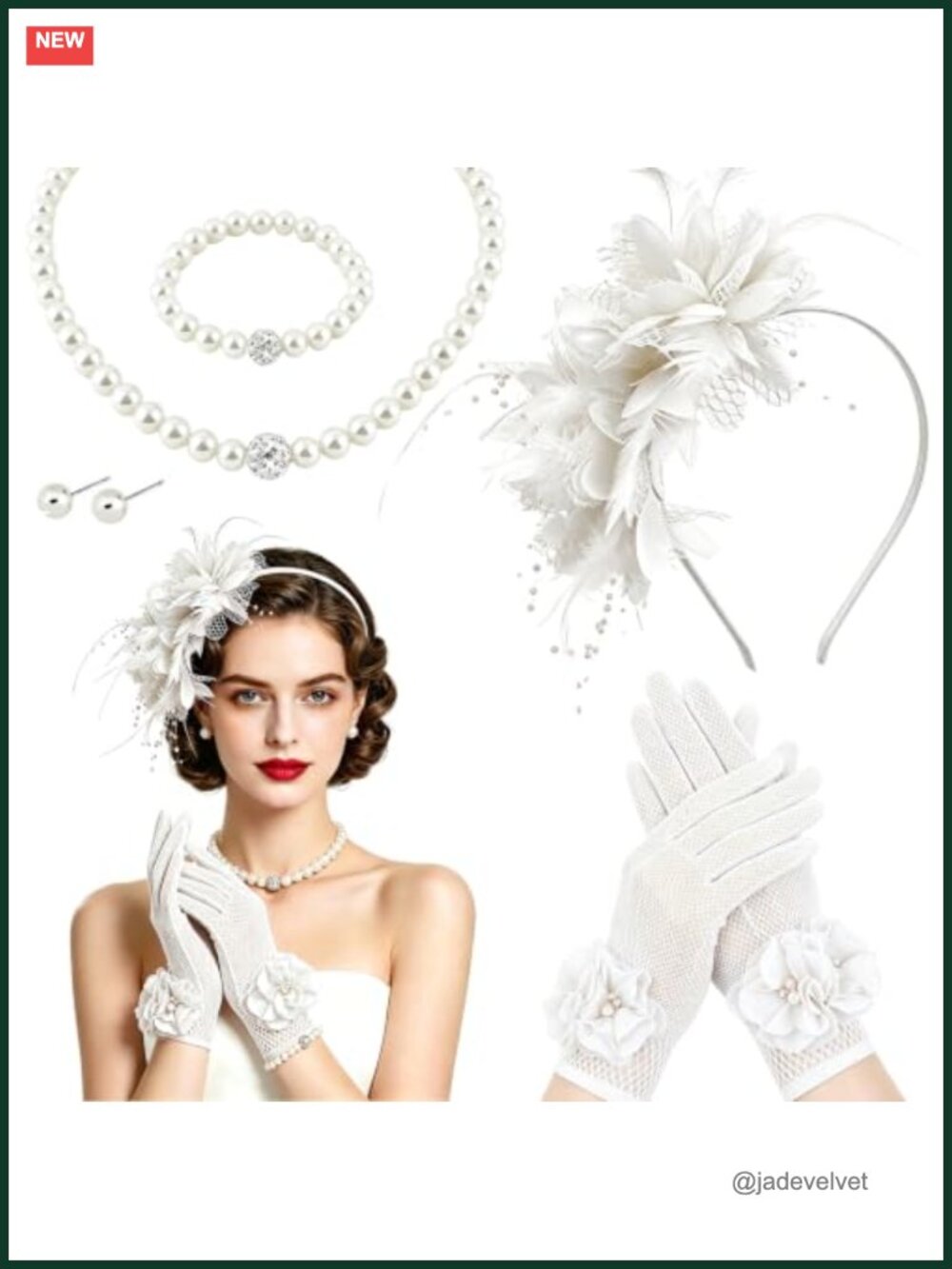 Tea Party Fascinator Hat Lace Gloves Pearl Accessories Set